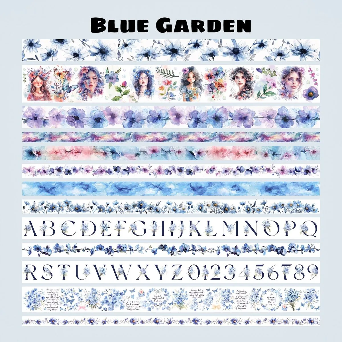 Ieebee Blue Garden Blooms Washi-Tape 13 Rollen Blau Relief