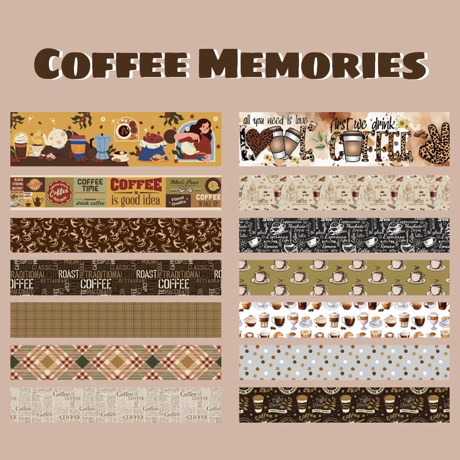 Ieebee Coffee Washi Tape 14 Rollen Latte & Café braun