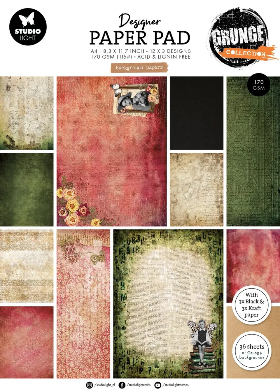 StudioLight Grunge Designblock Background Papers 36 Blatt A4