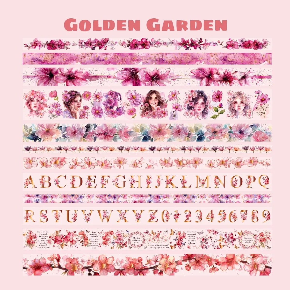 Ieebee Alphabet Floral Washi Tape Set 12 Rollen Rosa Gold