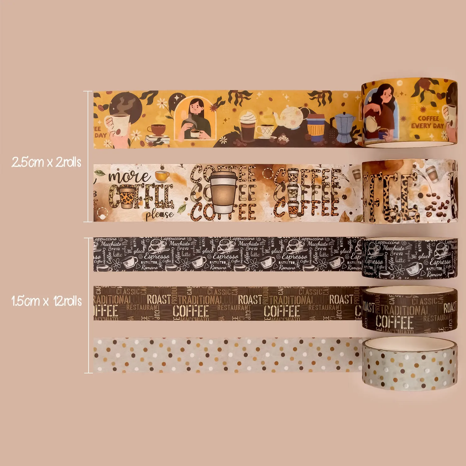 Ieebee Coffee Washi Tape 14 Rollen Latte & Café braun