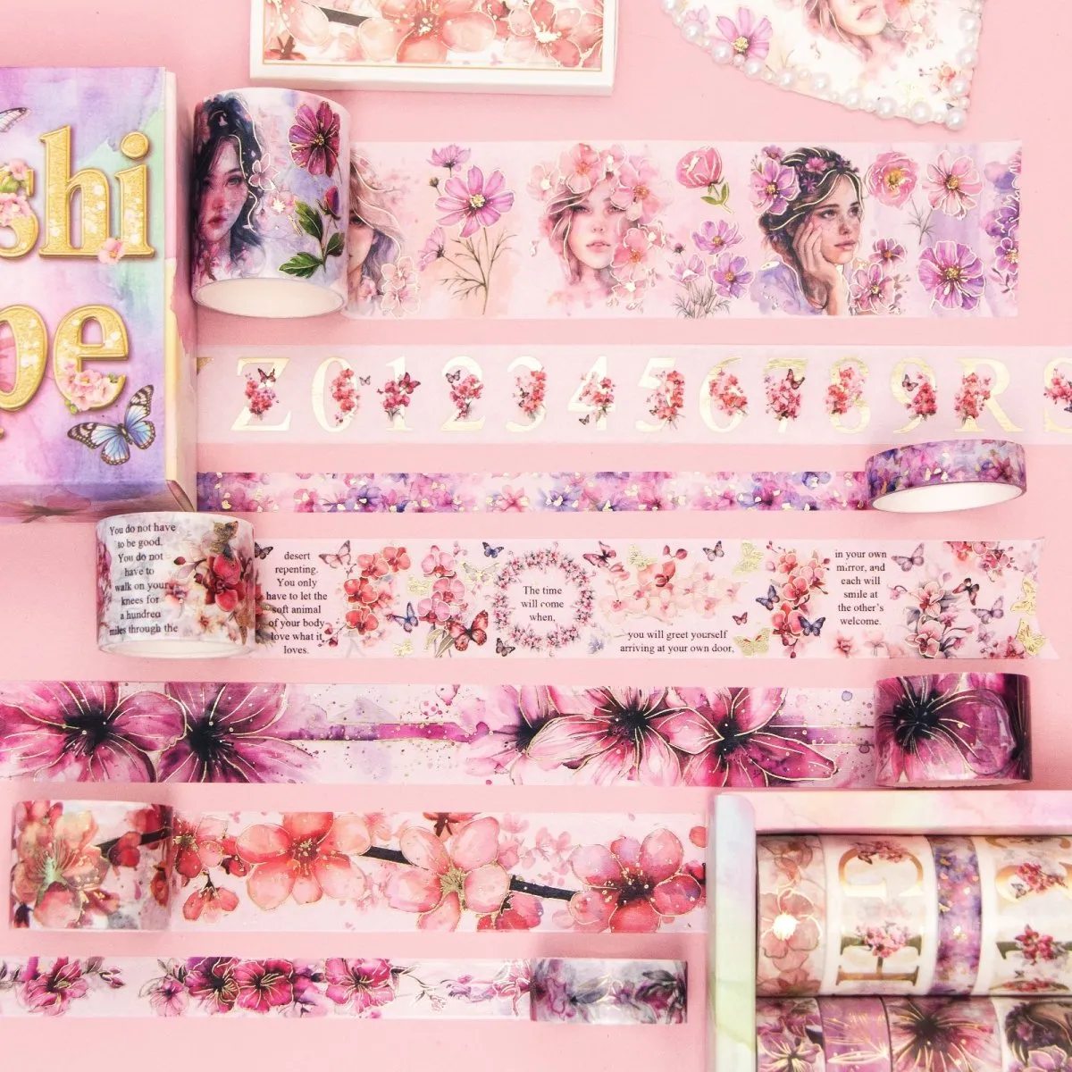 Ieebee Alphabet Floral Washi Tape Set 12 Rollen Rosa Gold